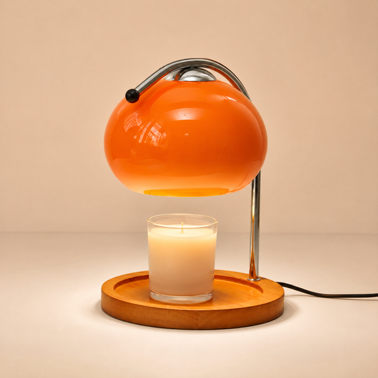 Orange glass candle warmer lamp with solid wood base