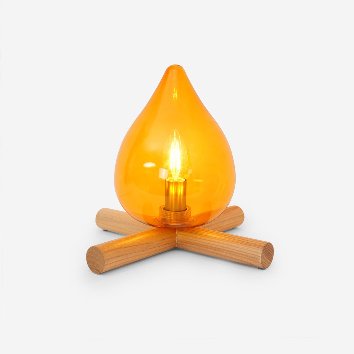Orange flame-shaped glass table lamp with solid wood cross base 1