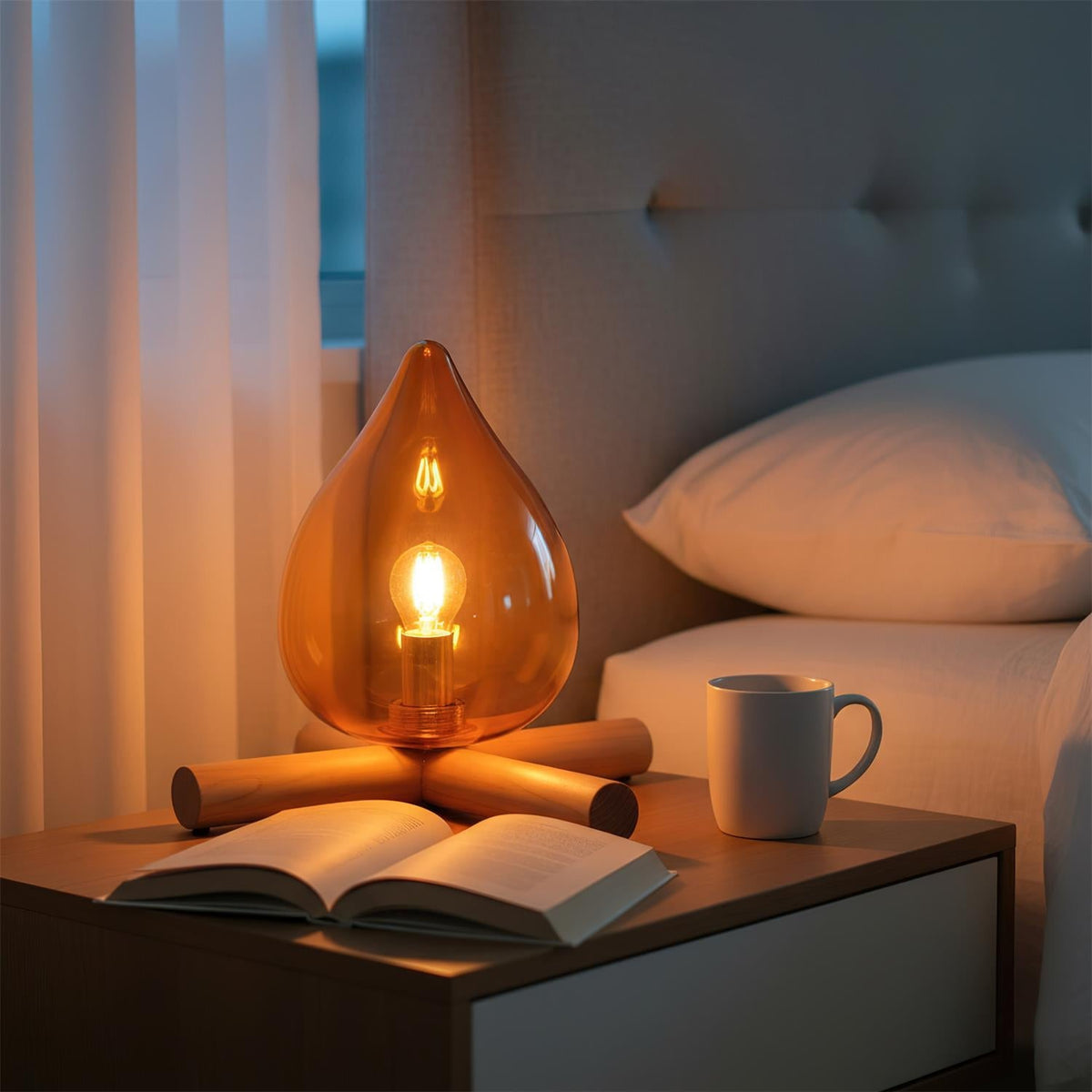 Orange flame-shaped glass table lamp with solid wood cross base 10
