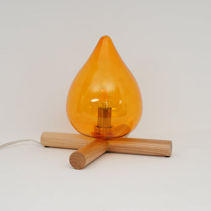 Orange flame-shaped glass table lamp with solid wood cross base 17