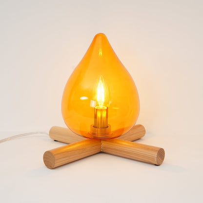 Orange flame-shaped glass table lamp with solid wood cross base 26