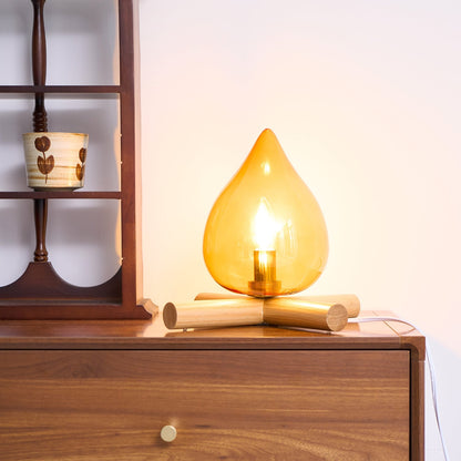 Orange flame-shaped glass table lamp with solid wood cross base 36