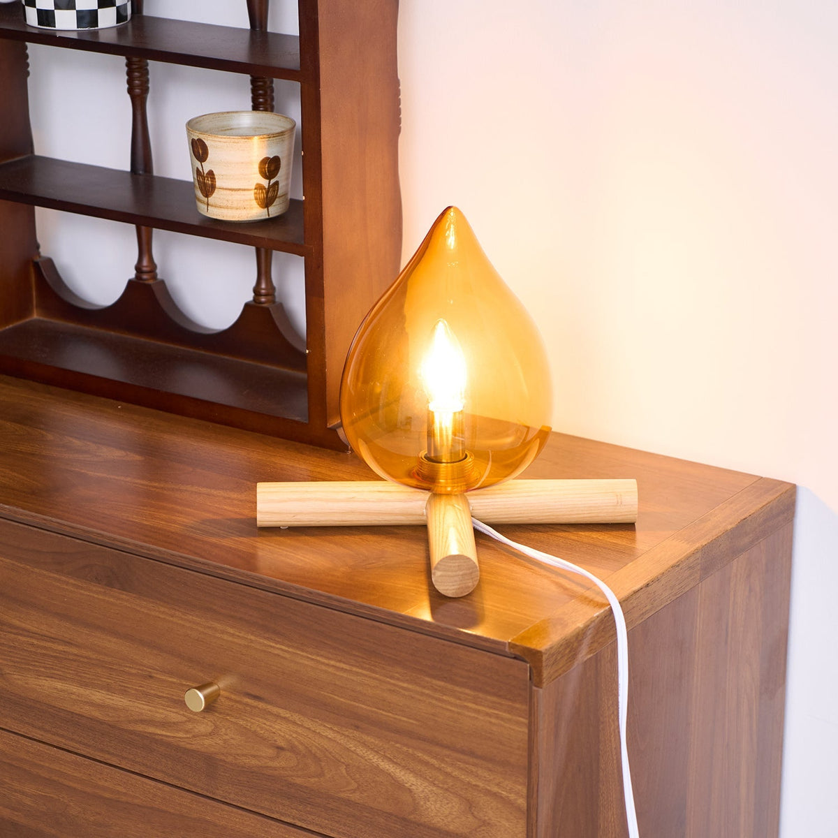 Orange flame-shaped glass table lamp with solid wood cross base 37