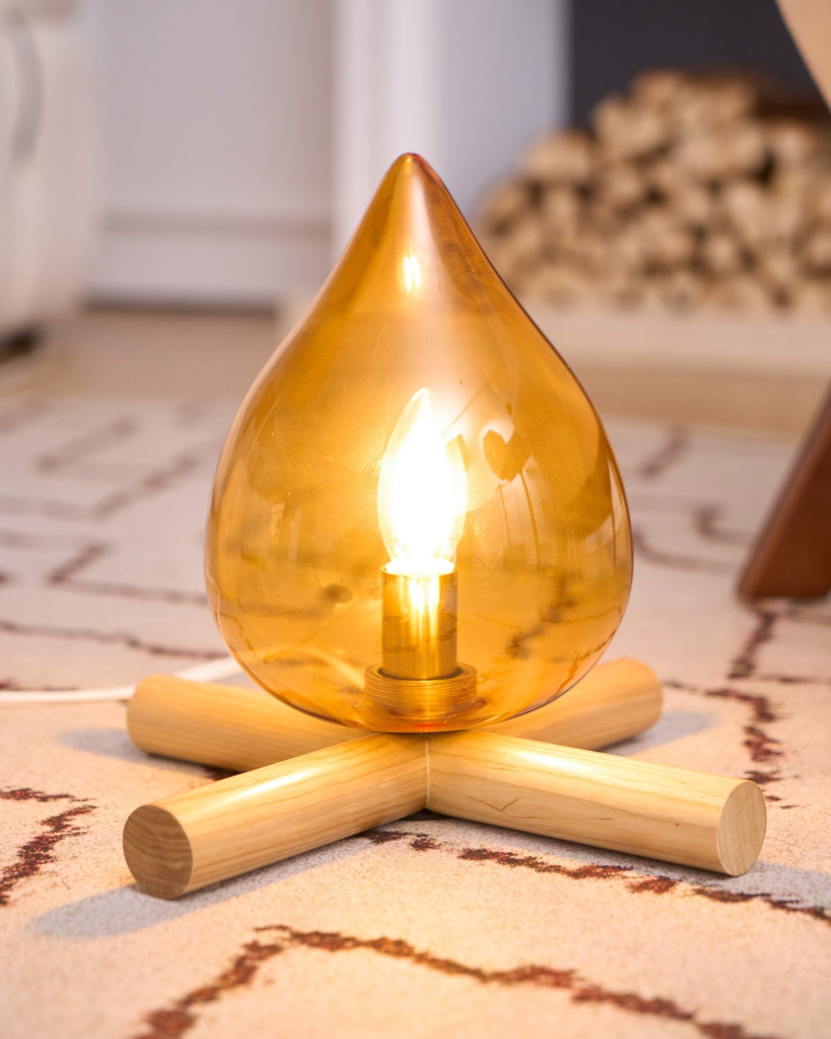 Orange flame-shaped glass table lamp with solid wood cross base 43