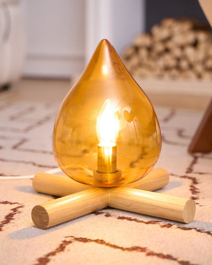 Orange flame-shaped glass table lamp with solid wood cross base 43