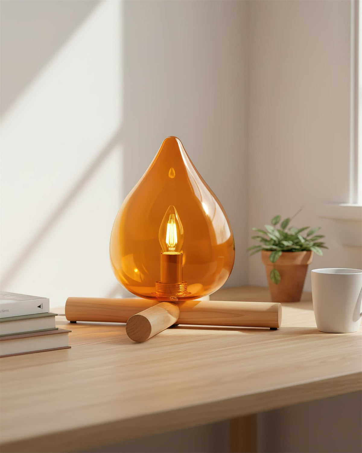 Orange flame-shaped glass table lamp with solid wood cross base 6