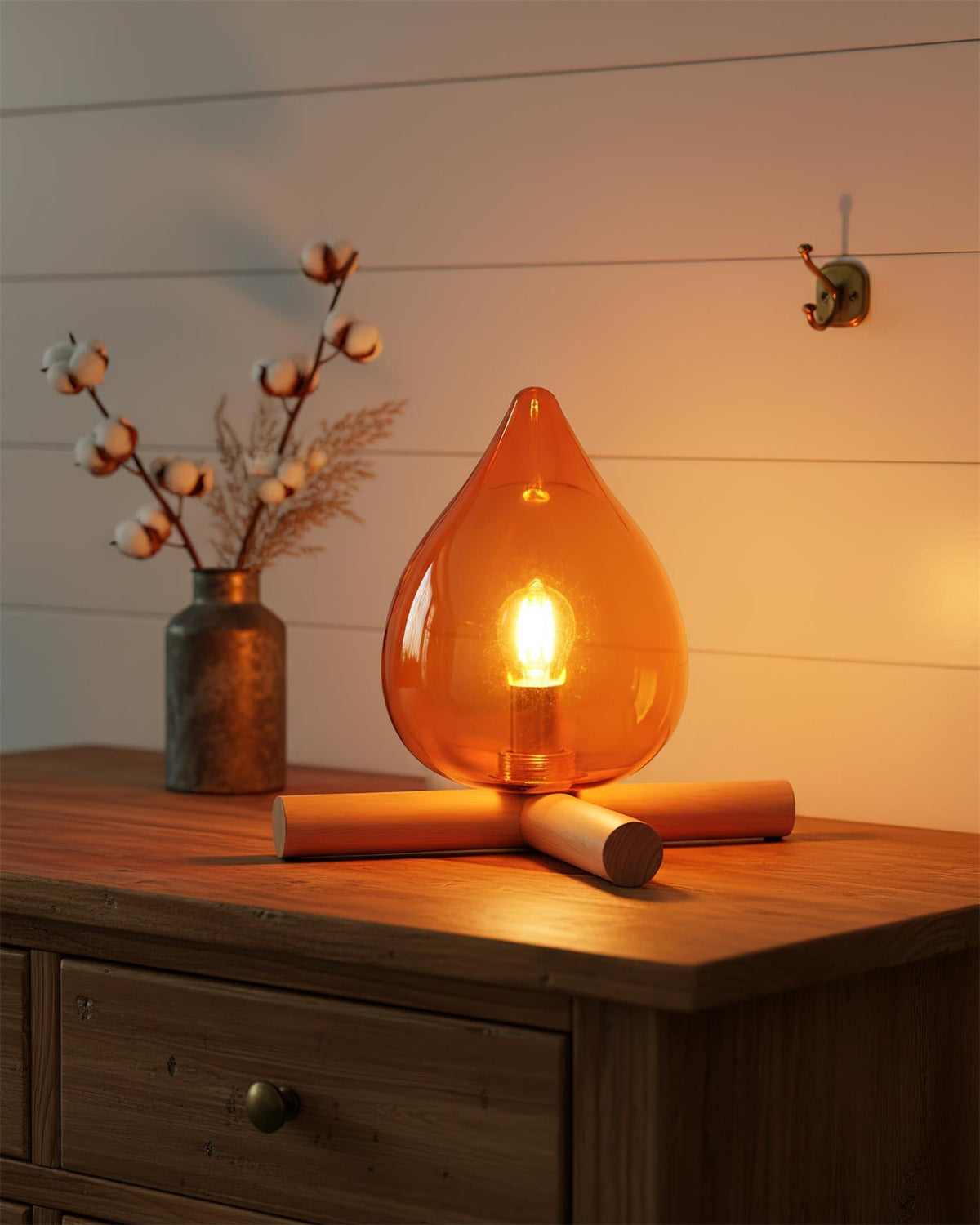 Orange flame-shaped glass table lamp with solid wood cross base 7