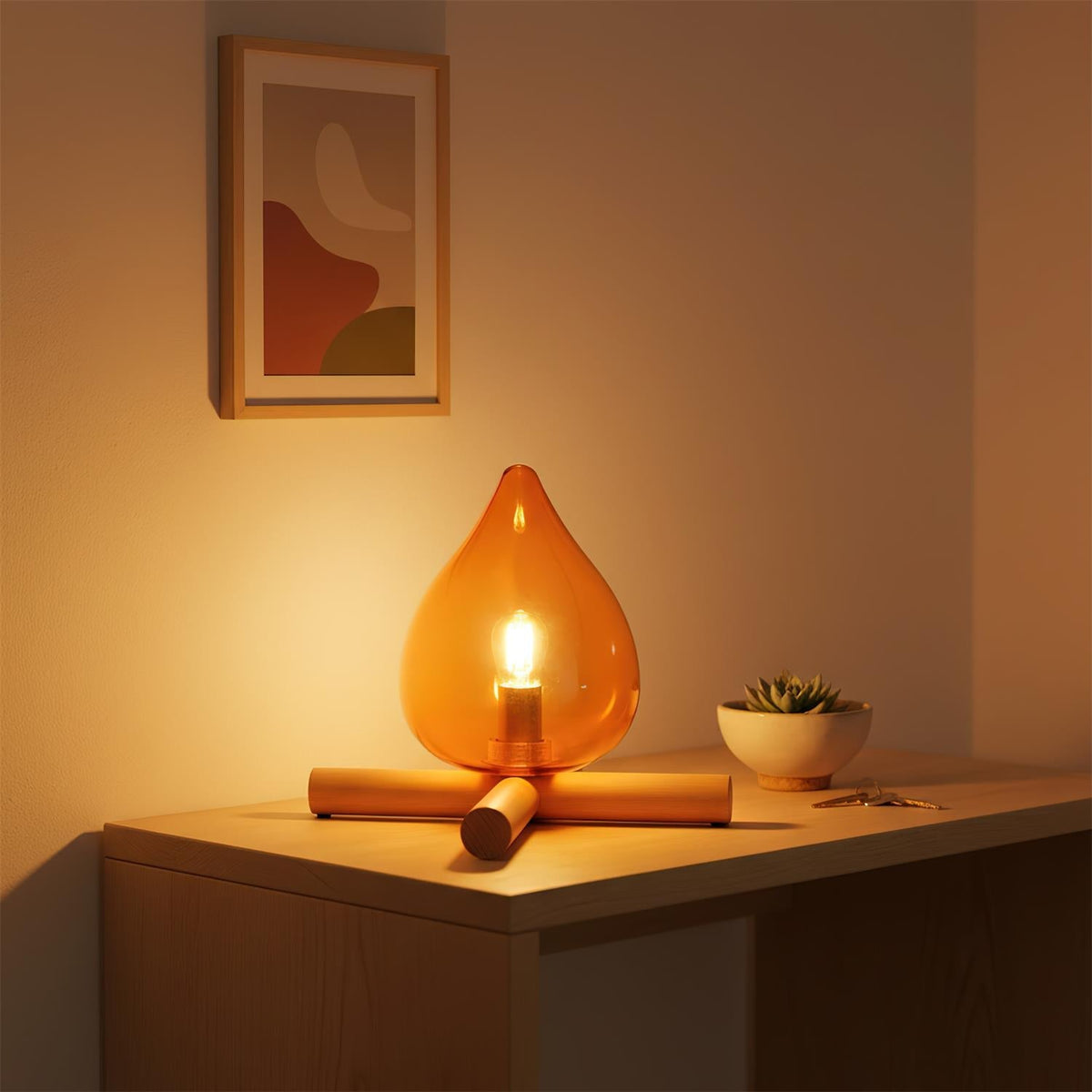 Orange flame-shaped glass table lamp with solid wood cross base 8