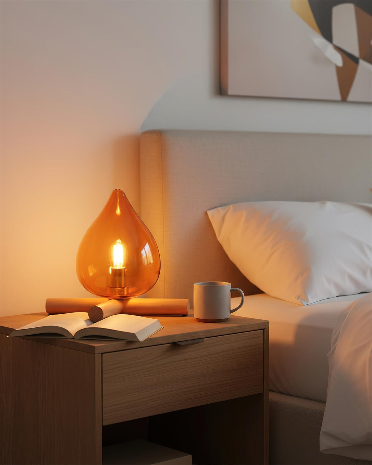 Orange flame-shaped glass table lamp with solid wood cross base 9