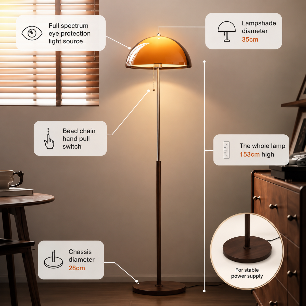 Orange LED standing lamp with pull-chain control