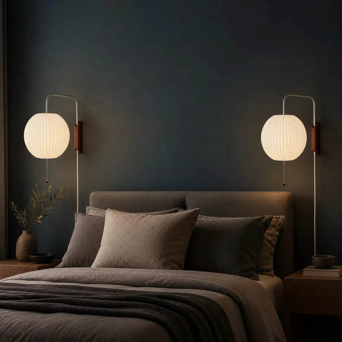 Pair of ribbed globe bedside wall lights