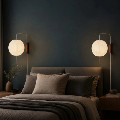 Pair of ribbed globe bedside wall lights