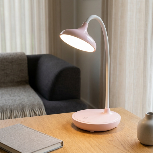 Pink rechargeable LED desk lamp with flexible neck