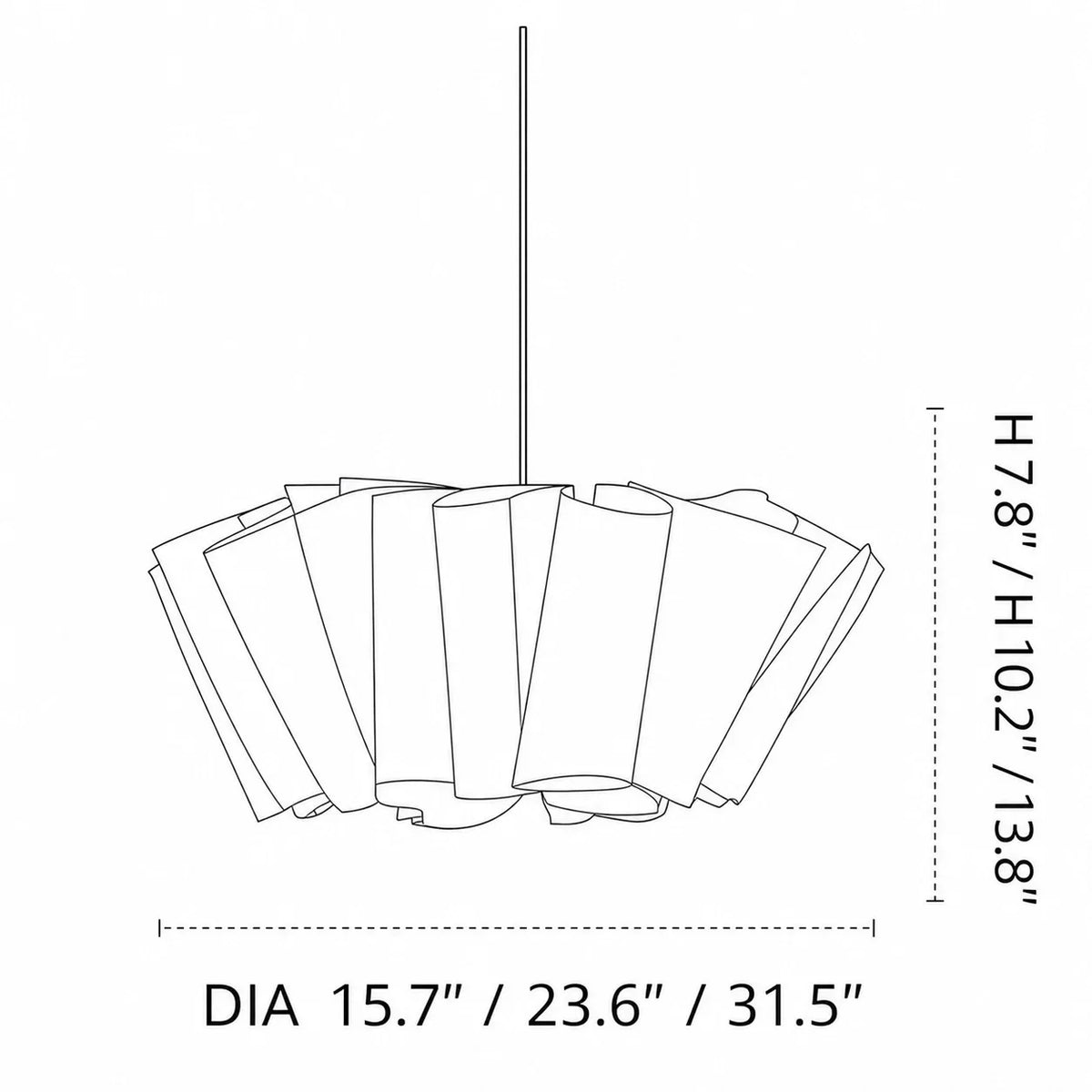 Pleated fabric pendant size diagram for 40cm 60cm and 80cm models