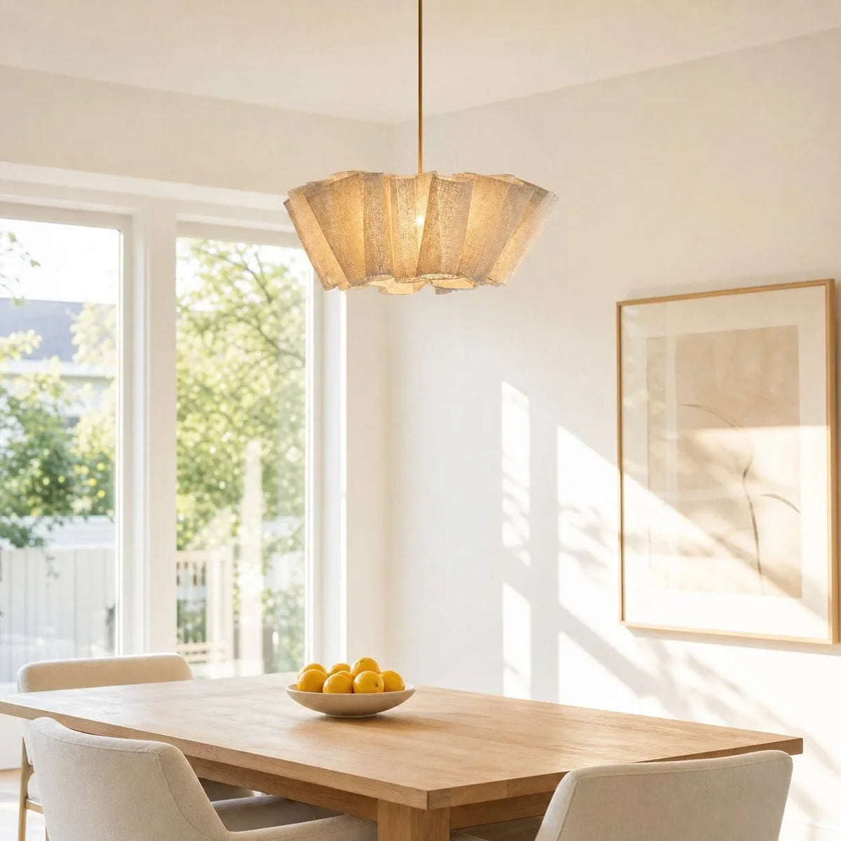 Pleated fabric pendant in a bright dining room