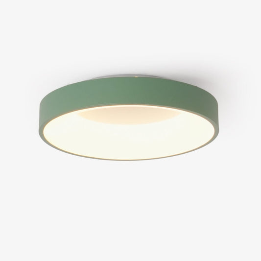 Green recessed-ring LED flush ceiling light mounted on a ceiling