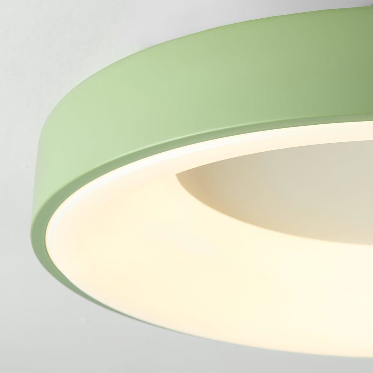 Green recessed-ring LED flush ceiling light frame and diffuser detail