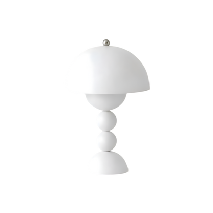 White dome table lamp with sculptural stacked sphere base