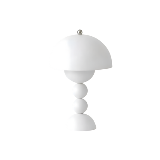 White dome table lamp with sculptural stacked sphere base