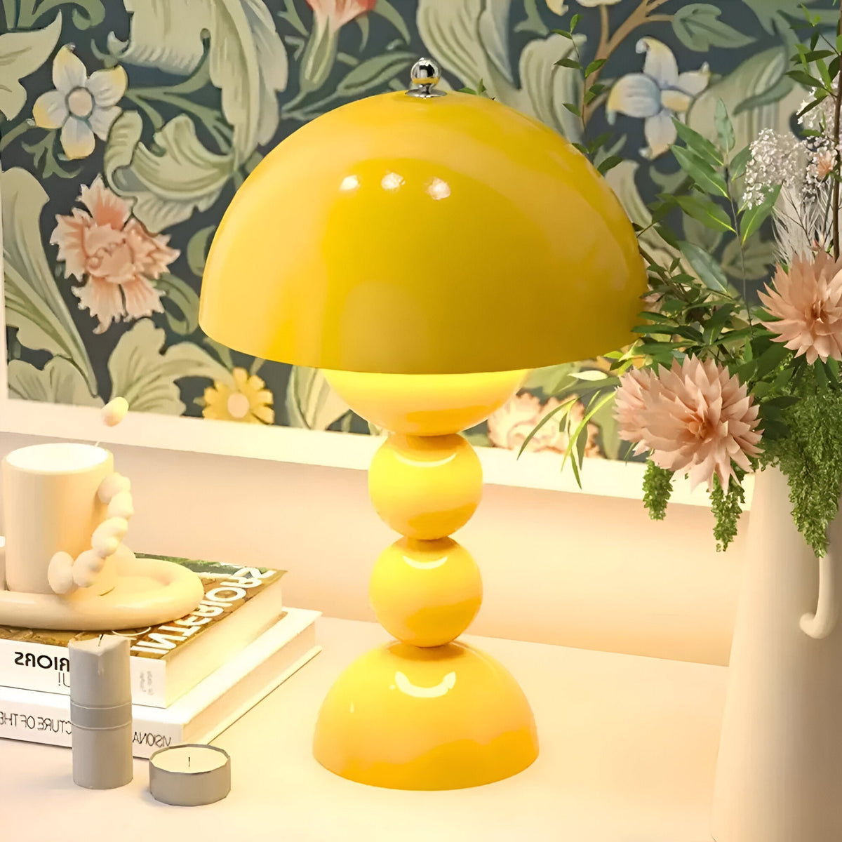 Yellow dome table lamp with sculptural stacked sphere base