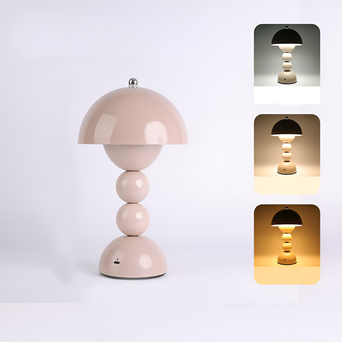Rechargeable sphere-base table lamp with warm neutral and white light modes