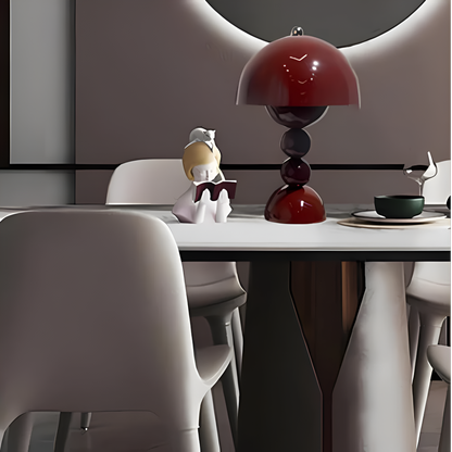 Red dome table lamp with sculptural stacked sphere base