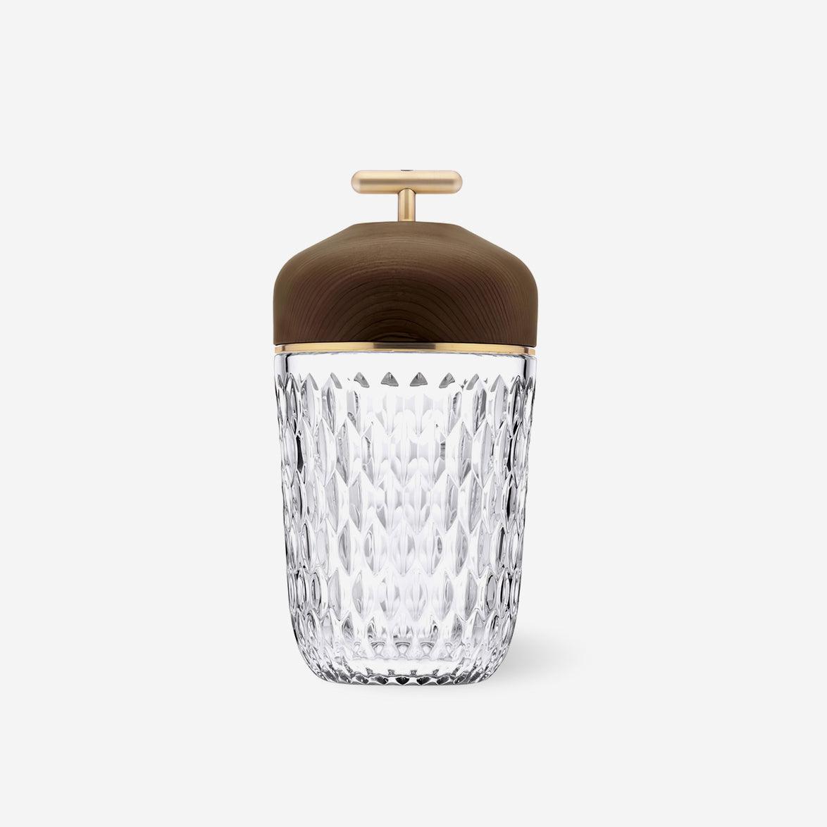 Faceted crystal glass table lamp with brown top and gold-tone carry handle 1