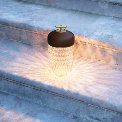 Faceted crystal glass table lamp with brown top and gold-tone carry handle 15