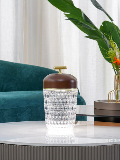 Faceted crystal glass table lamp with brown top and gold-tone carry handle 18