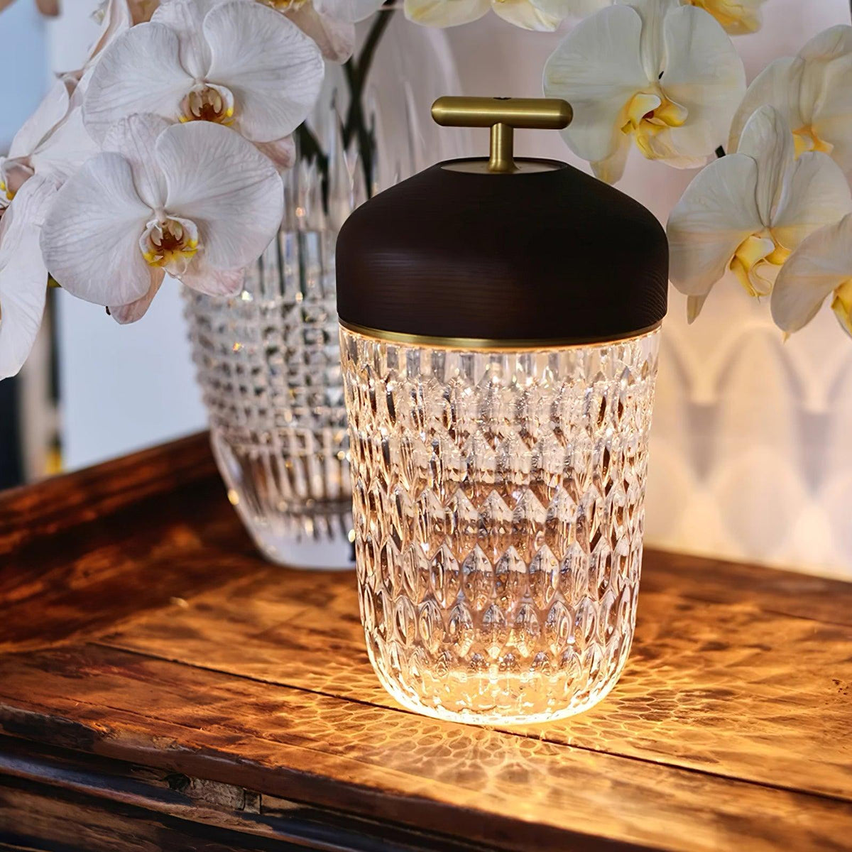 Faceted crystal glass table lamp with brown top and gold-tone carry handle 2