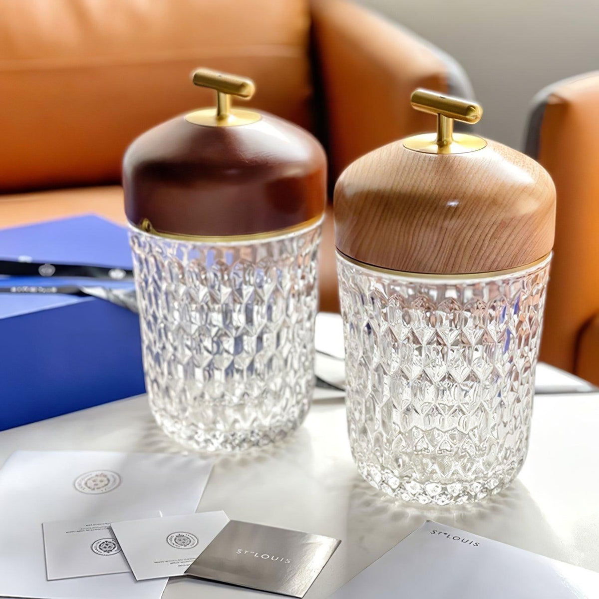 Rechargeable crystal glass lamps with brown tops and gold-tone handles
