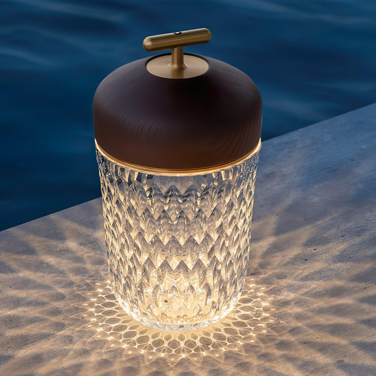 Faceted crystal glass table lamp with brown top and gold-tone carry handle 24