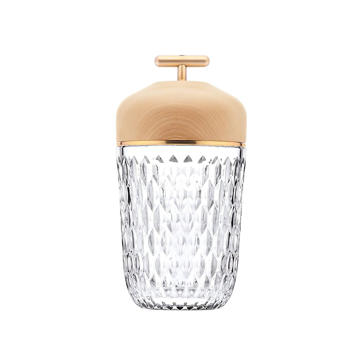 Faceted crystal glass table lamp with brown top and gold-tone carry handle 25