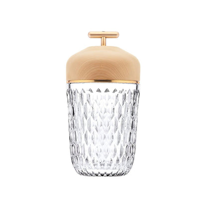 Faceted crystal glass table lamp with brown top and gold-tone carry handle 25