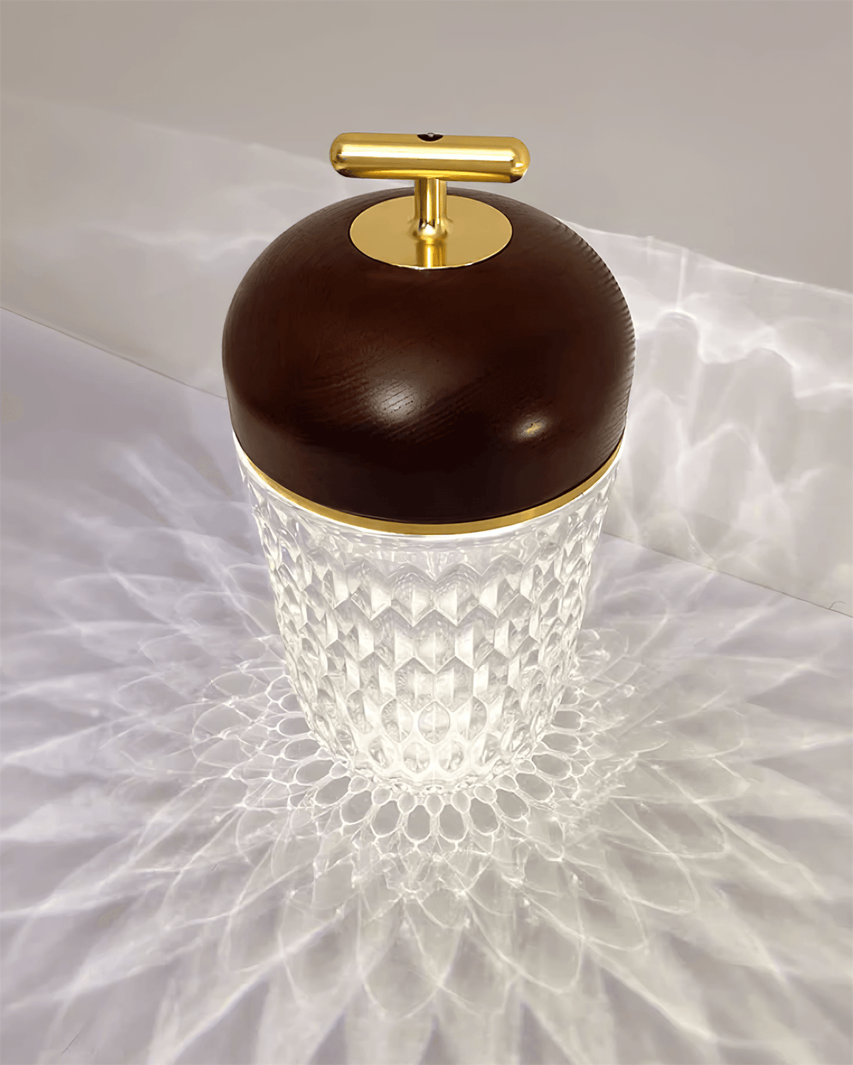 Faceted crystal glass table lamp with brown top and gold-tone carry handle 28
