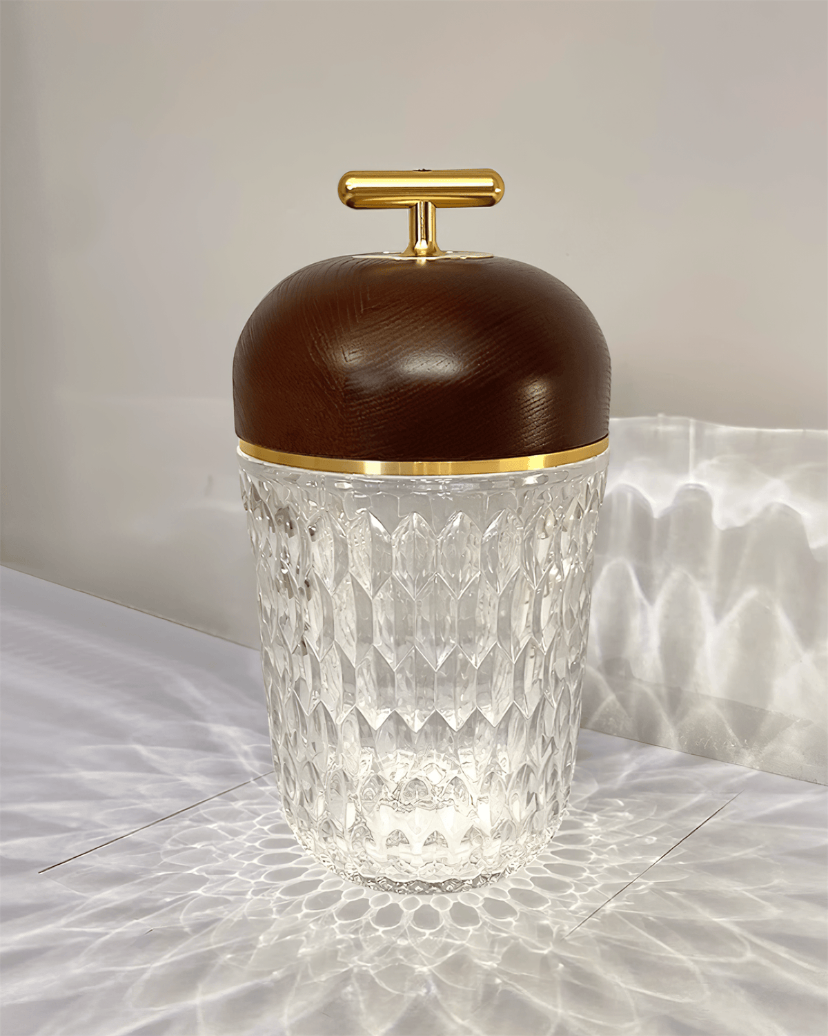 Faceted crystal glass table lamp with brown top and gold-tone carry handle 29