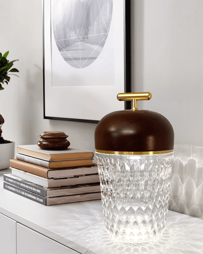 Faceted crystal glass table lamp with brown top and gold-tone carry handle 31