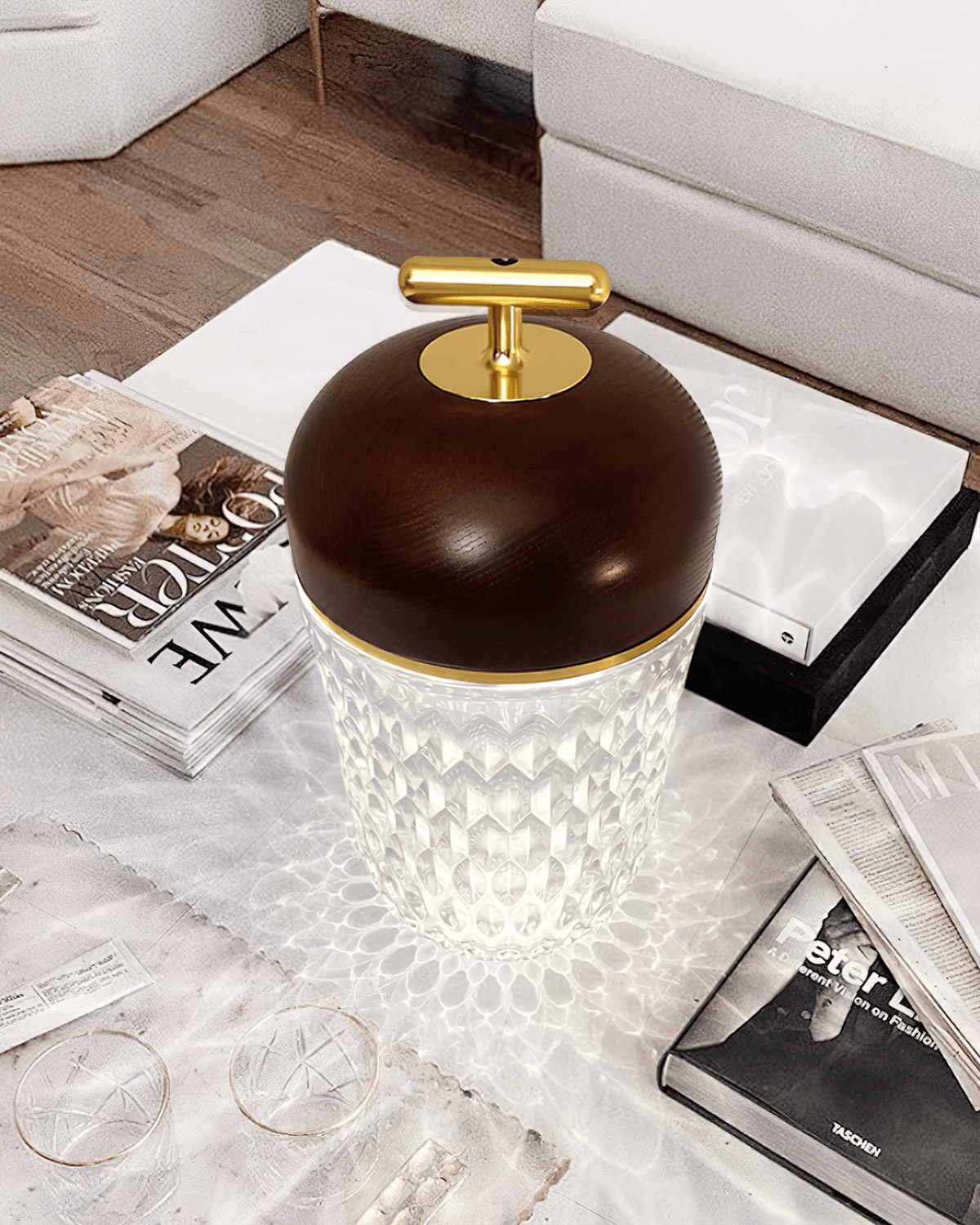 Faceted crystal glass table lamp with brown top and gold-tone carry handle 32