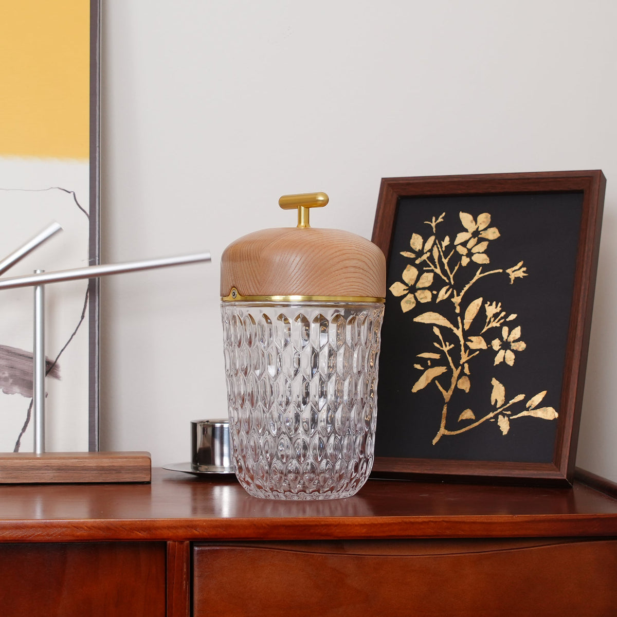 Faceted crystal glass table lamp with brown top and gold-tone carry handle 36