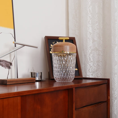 Faceted crystal glass table lamp with brown top and gold-tone carry handle 38