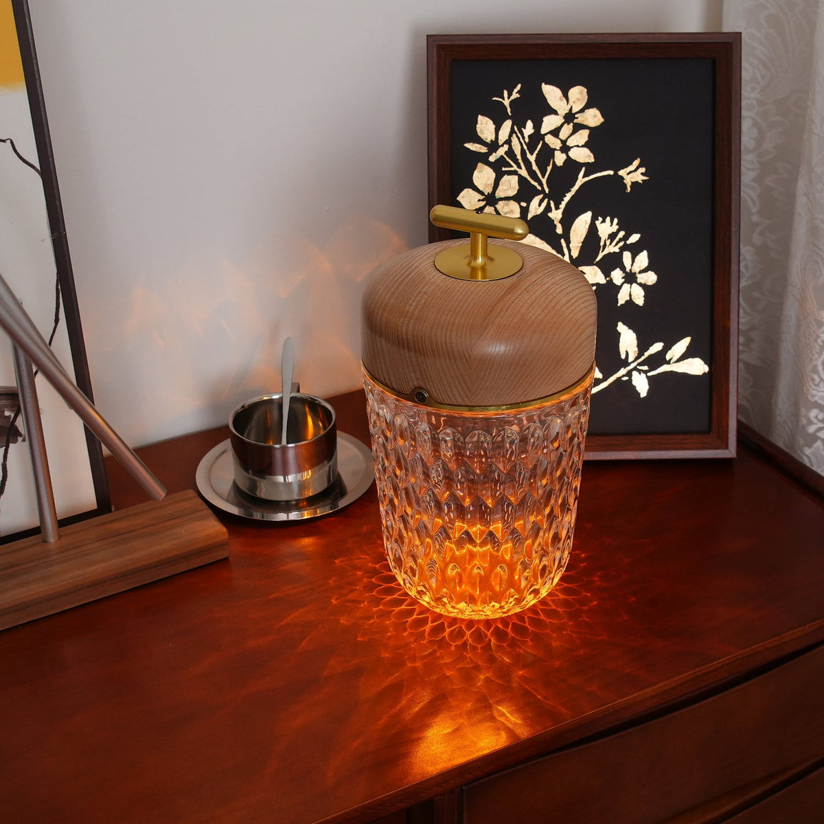 Faceted crystal glass table lamp with brown top and gold-tone carry handle 39