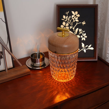 Faceted crystal glass table lamp with brown top and gold-tone carry handle 39