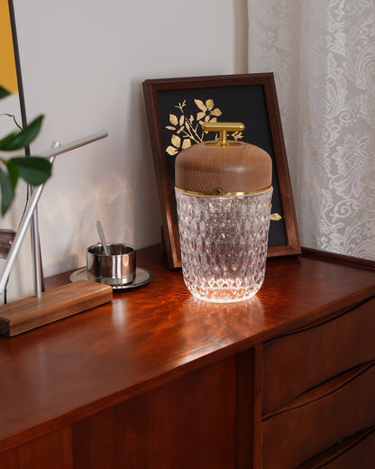 Faceted crystal glass table lamp with brown top and gold-tone carry handle 40