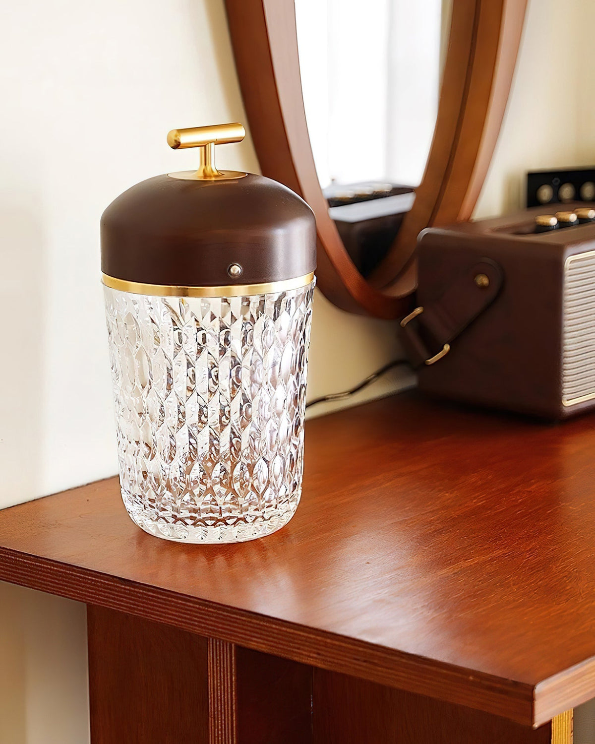Faceted crystal glass table lamp with brown top and gold-tone carry handle 43