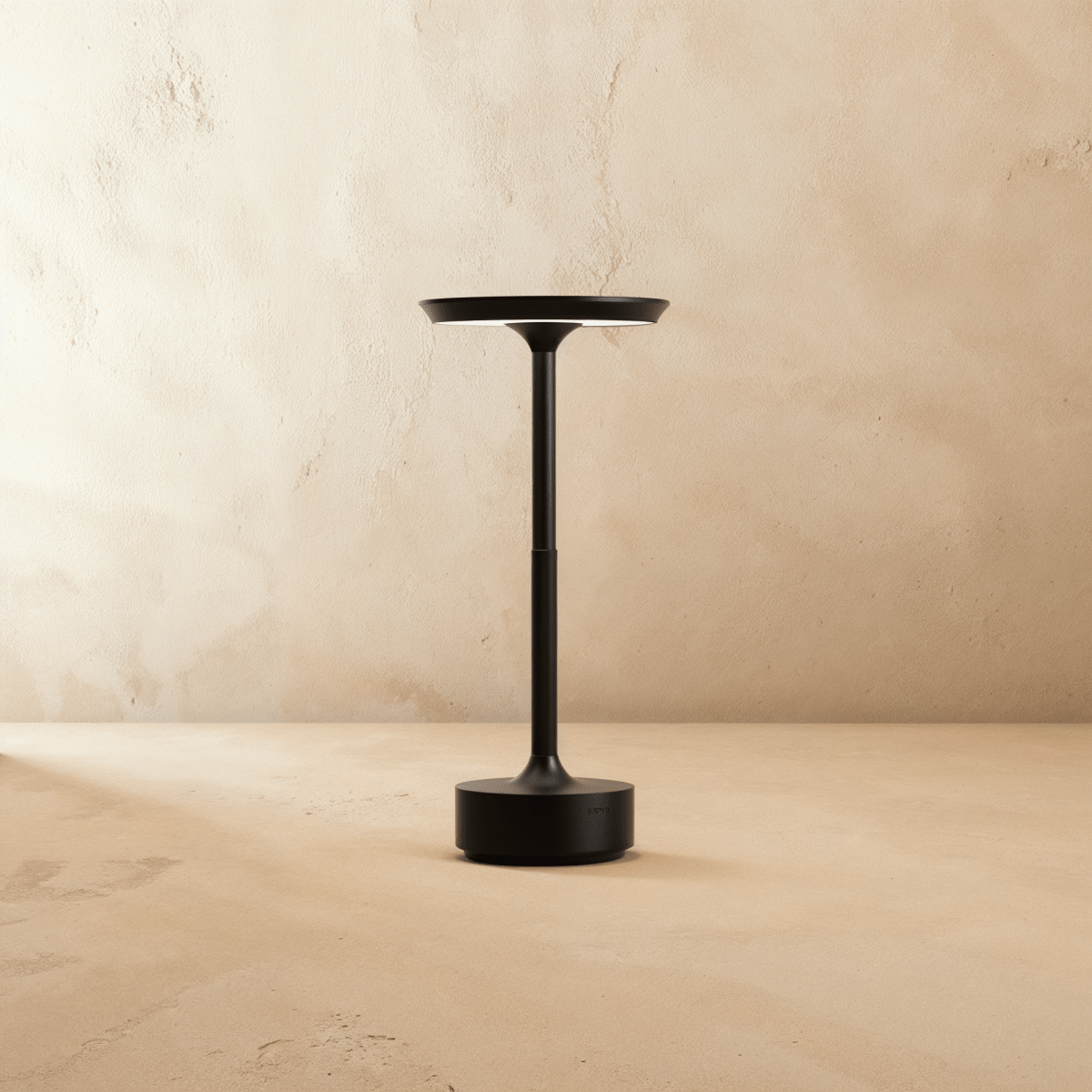 Black rechargeable LED table lamp with circular light head