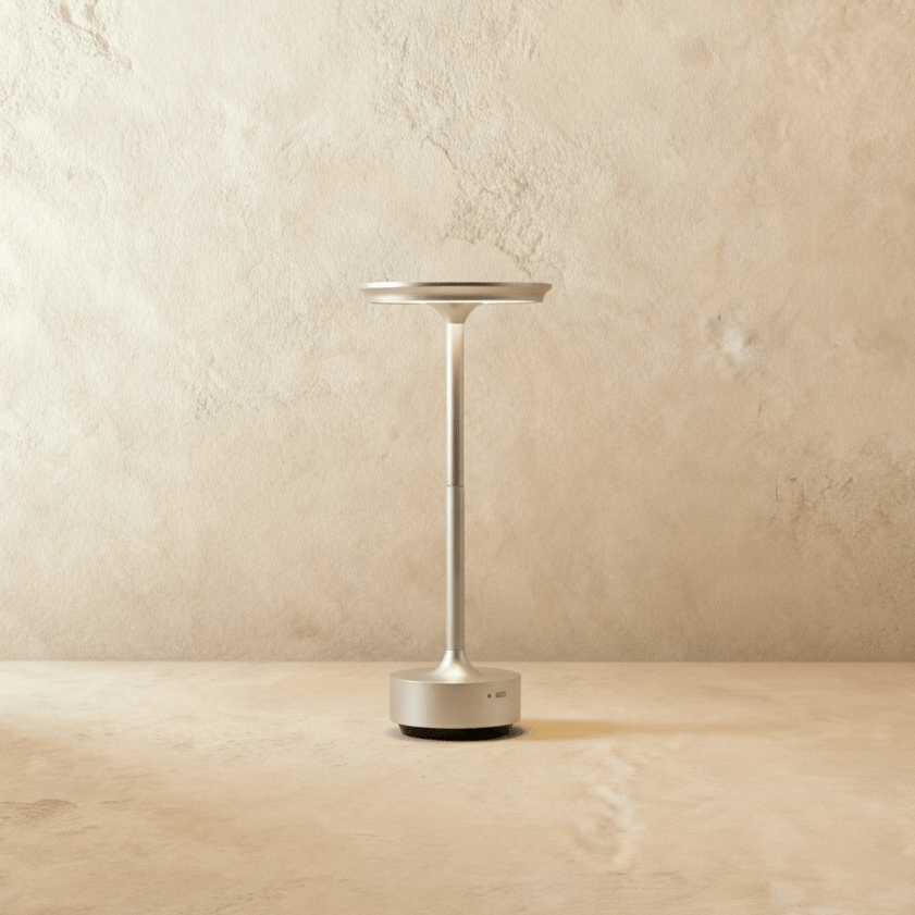 Silver aluminium LED table lamp with slim stem