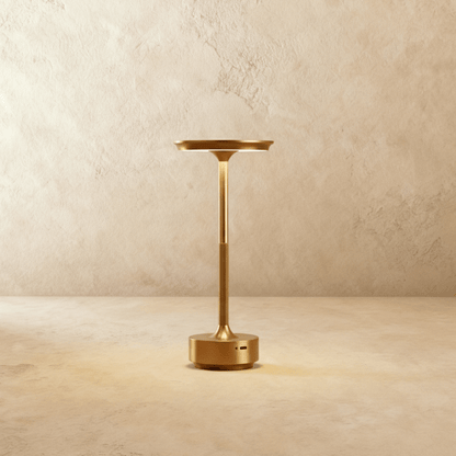 Gold aluminium LED table lamp with circular light head