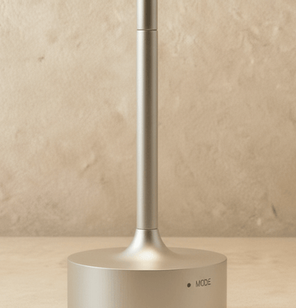 Close-up of silver lamp base and stem