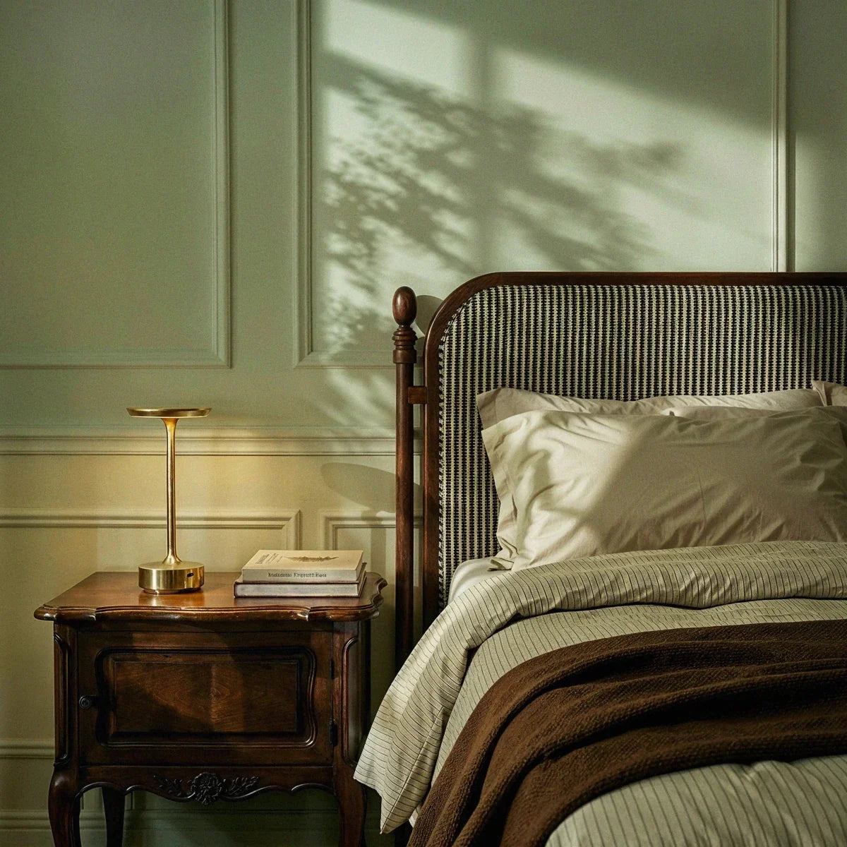 Gold rechargeable lamp beside a bed