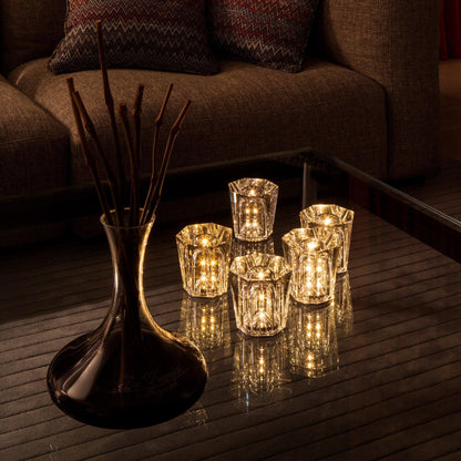 Three faceted crystal glass table lamp models with warm LED illumination
